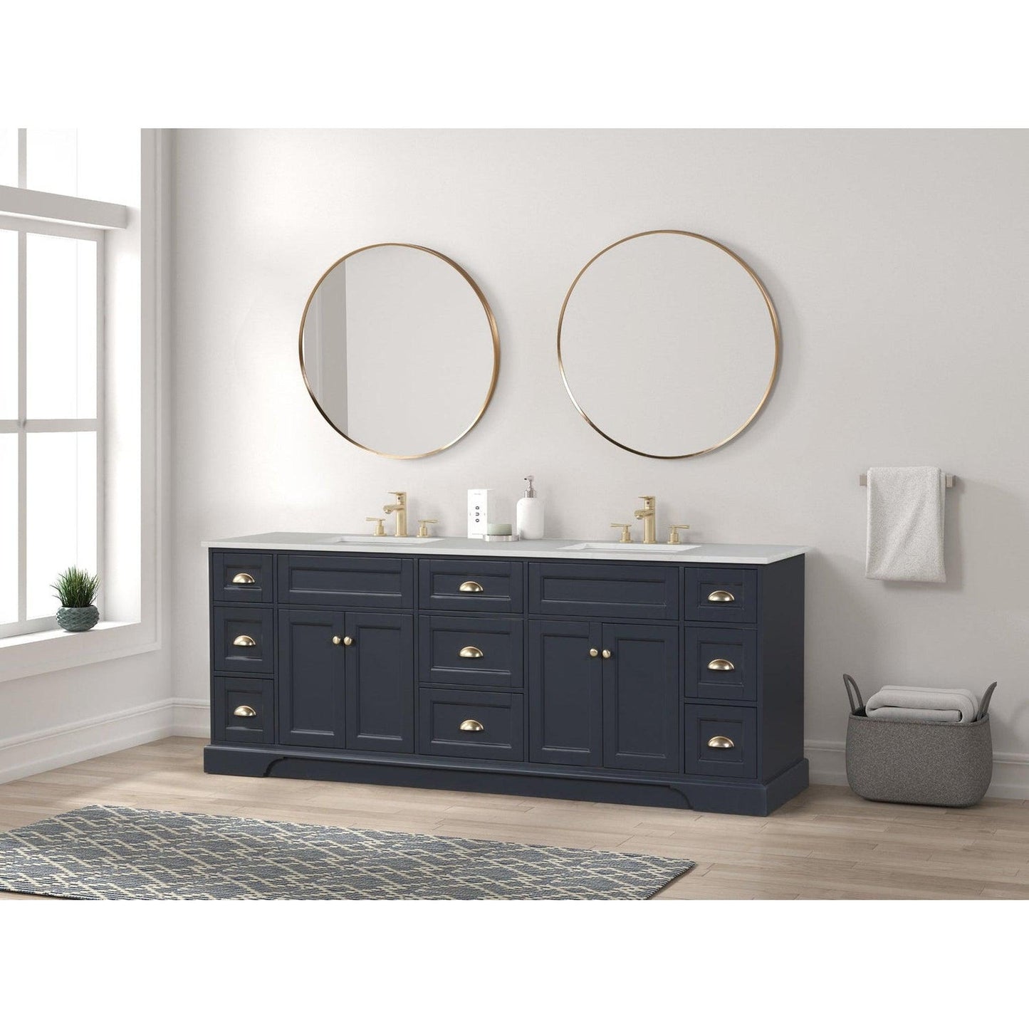 Eviva Epic 84" x 34" Charcoal Gray Freestanding Bathroom Vanity With Brushed Gold Hardware and Quartz Countertop With Double Undermount Sink