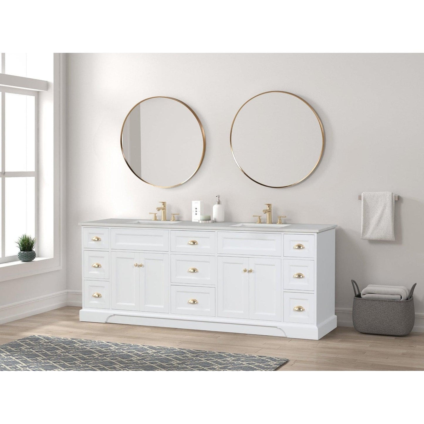 Eviva Epic 84" x 34" White Freestanding Bathroom Vanity With Brushed Gold Hardware and Quartz Countertop With Double Undermount Sink