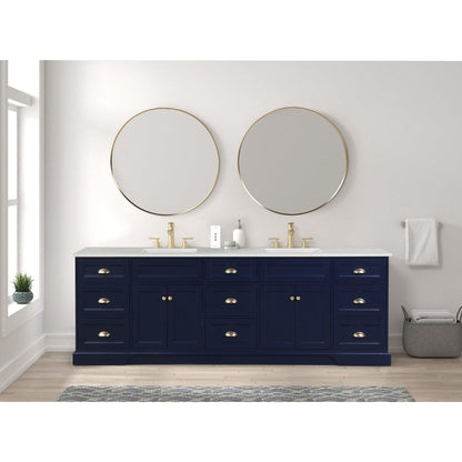 Eviva Epic 96" x 34" Blue Freestanding Bathroom Vanity With Brushed Gold Hardware and Quartz Countertop With Double Undermount Sink