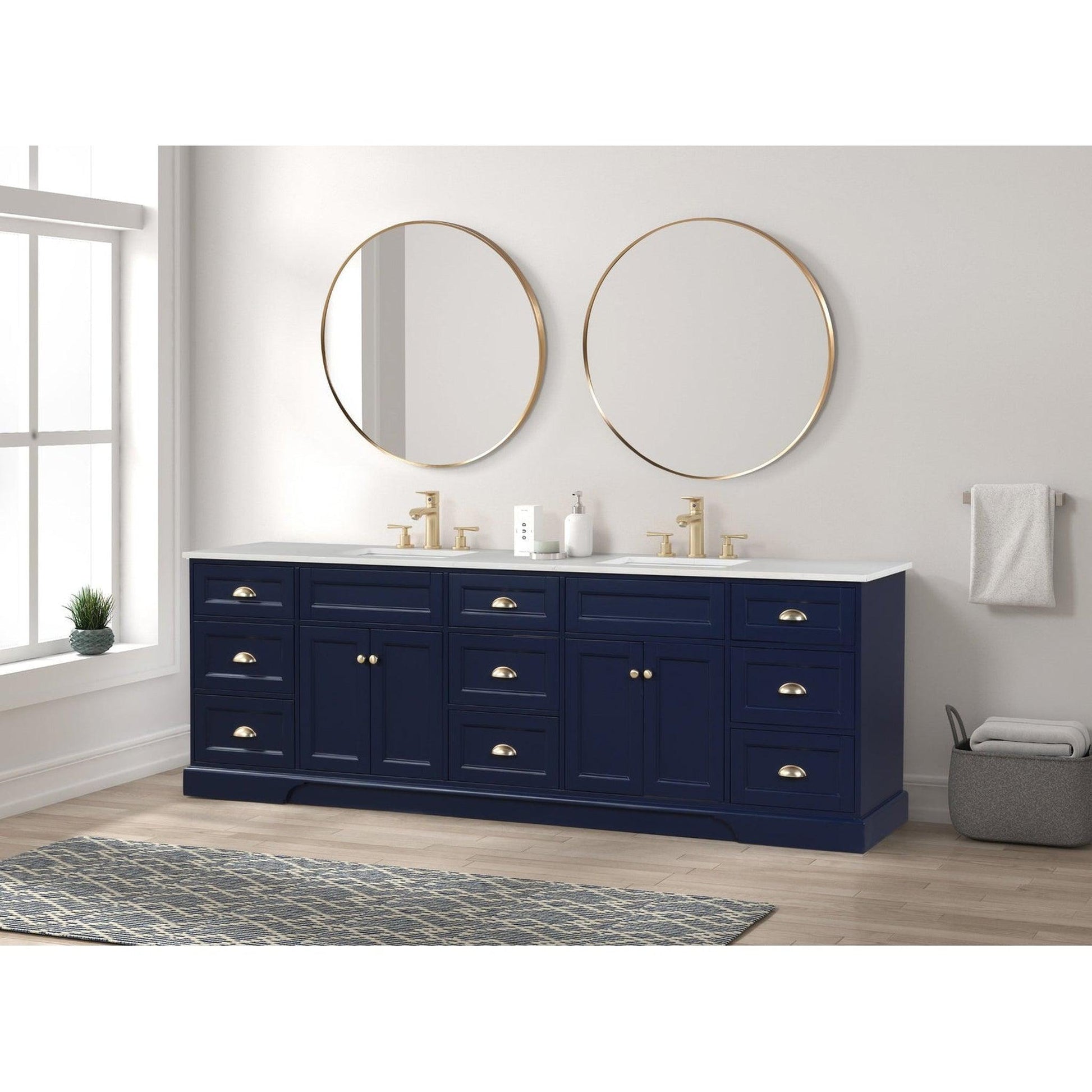 Eviva Epic 96" x 34" Blue Freestanding Bathroom Vanity With Brushed Gold Hardware and Quartz Countertop With Double Undermount Sink