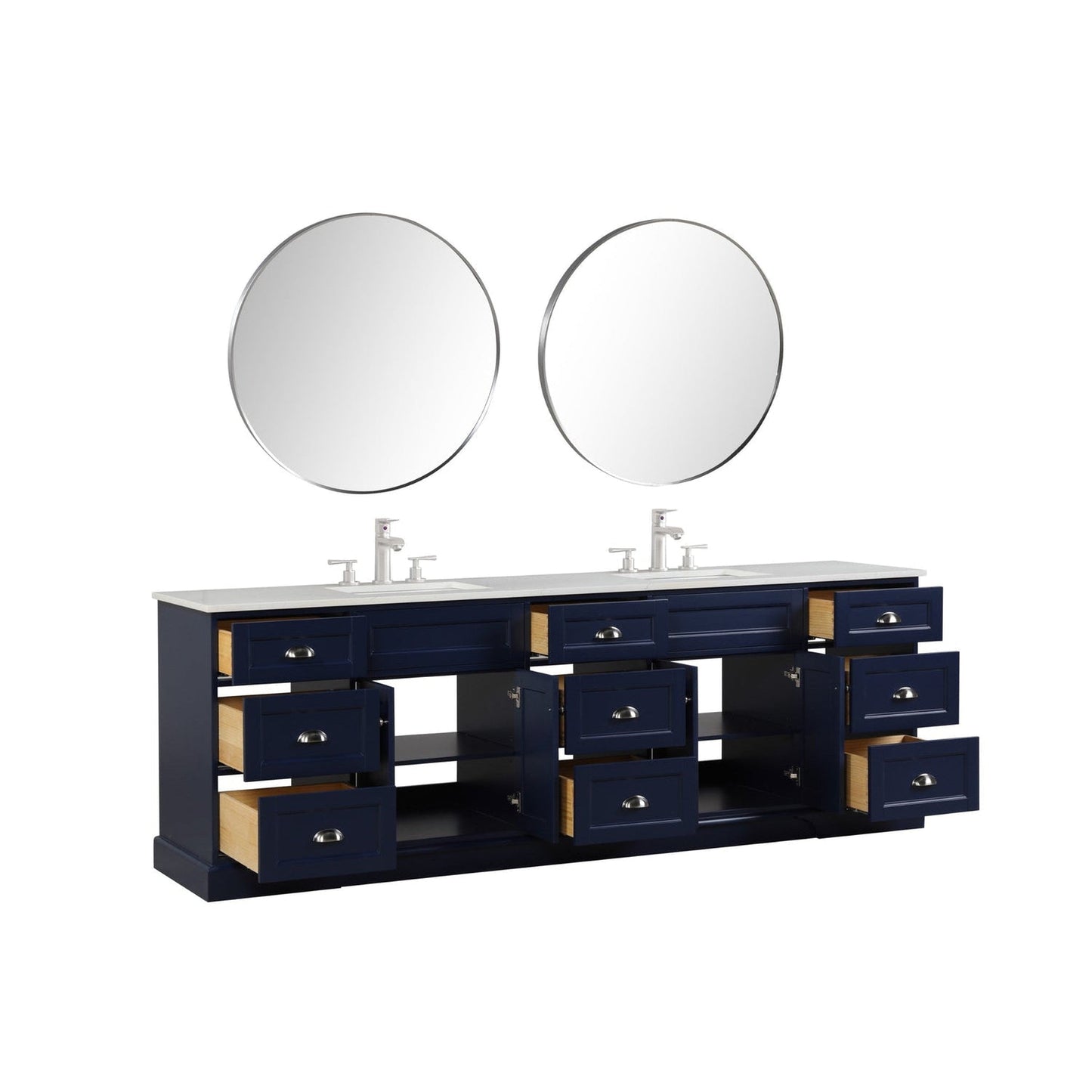 Eviva Epic 96" x 34" Blue Freestanding Bathroom Vanity With Brushed Nickel Hardware and Quartz Countertop With Double Undermount Sink