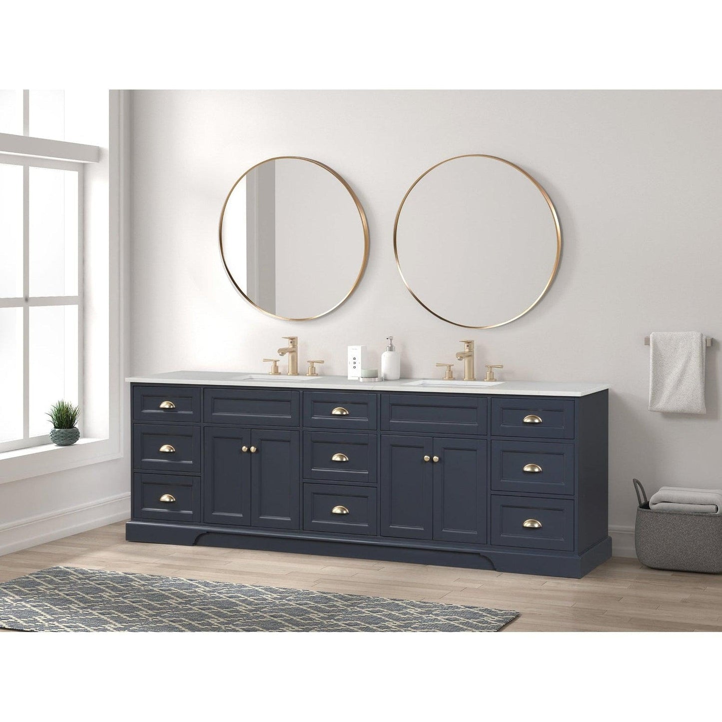 Eviva Epic 96" x 34" Charcoal Gray Freestanding Bathroom Vanity With Brushed Gold Hardware and Quartz Countertop With Double Undermount Sink