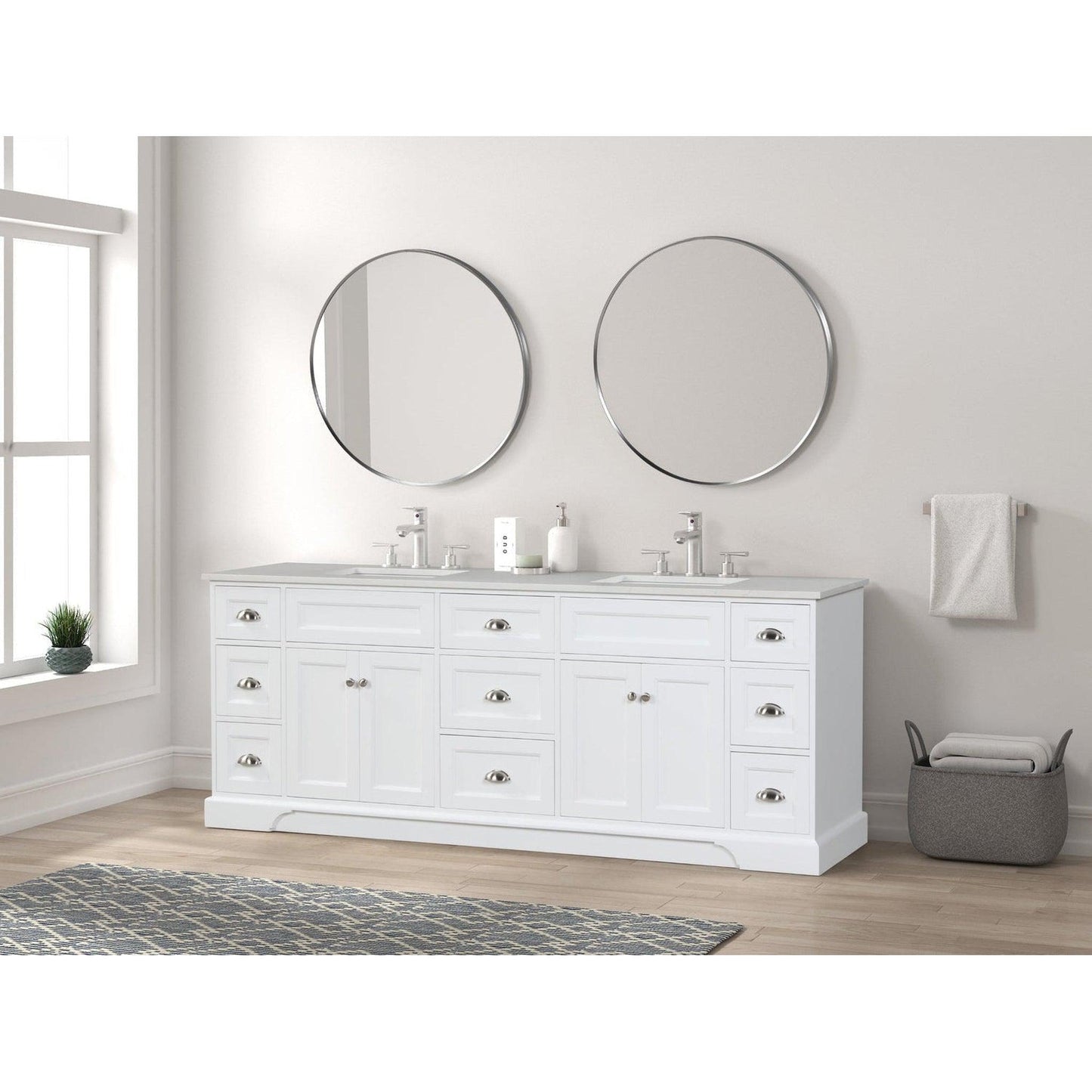 Eviva Epic 96" x 34" White Freestanding Bathroom Vanity With Brushed Nickel Hardware and Quartz Countertop With Double Undermount Sink