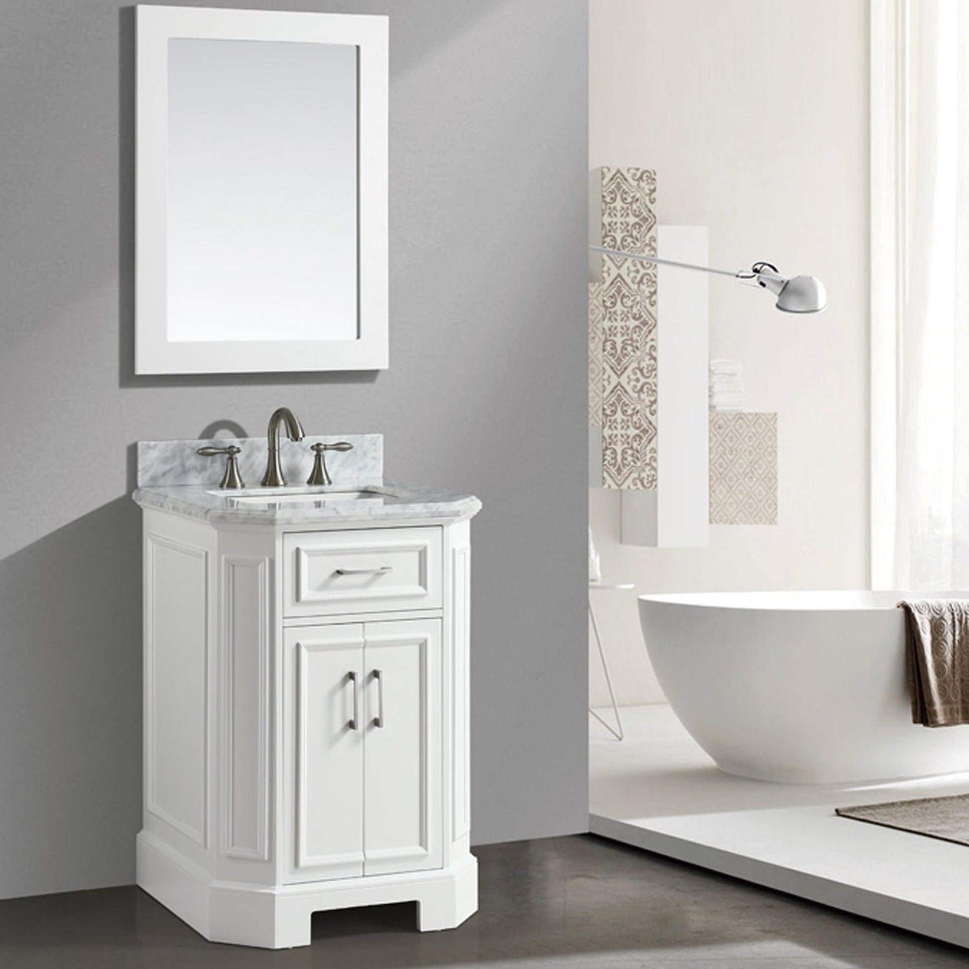 Eviva Glory 24" x 33" White Bathroom Vanity With Carrara Marble Countertop and Single Porcelain Sink