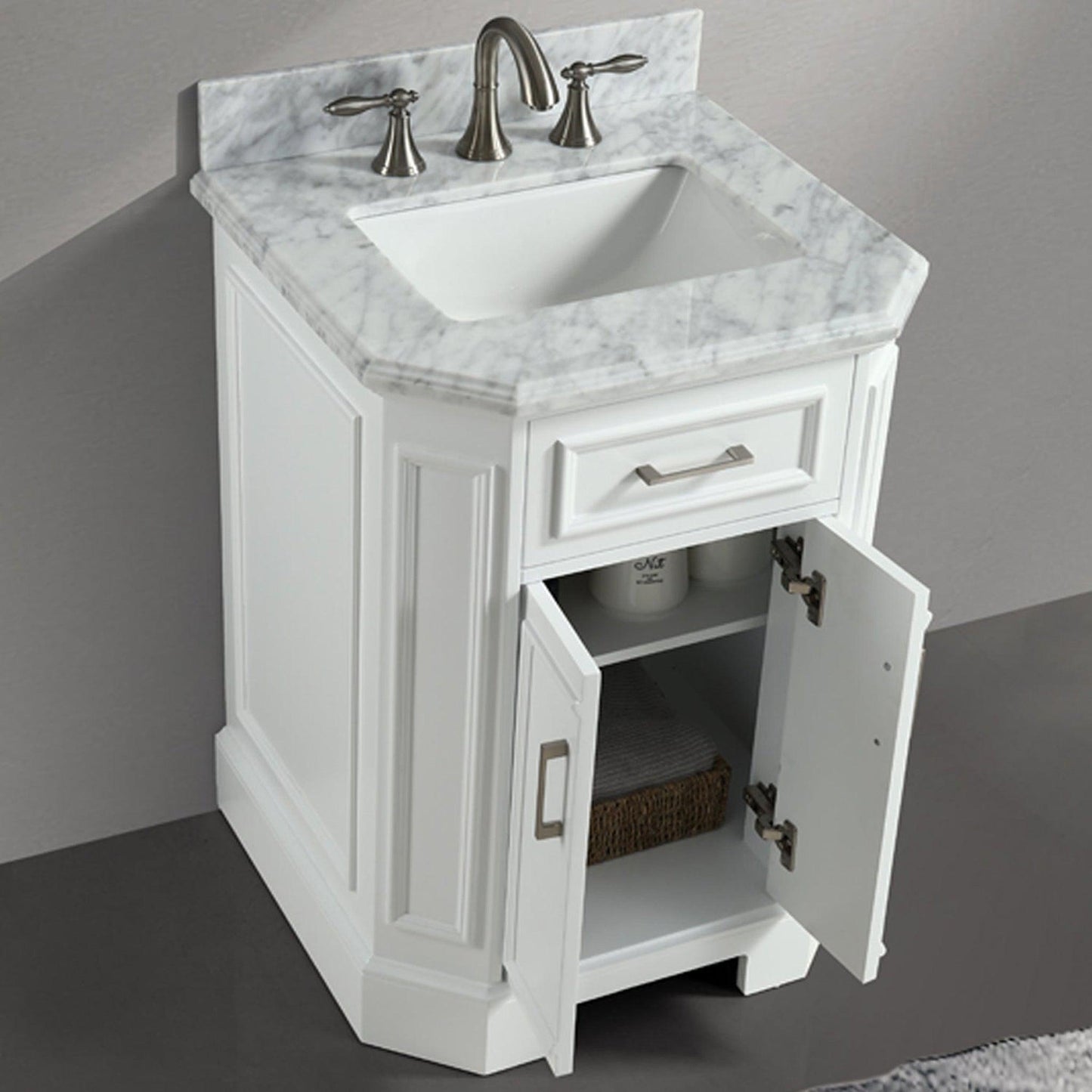 Eviva Glory 24" x 33" White Bathroom Vanity With Carrara Marble Countertop and Single Porcelain Sink