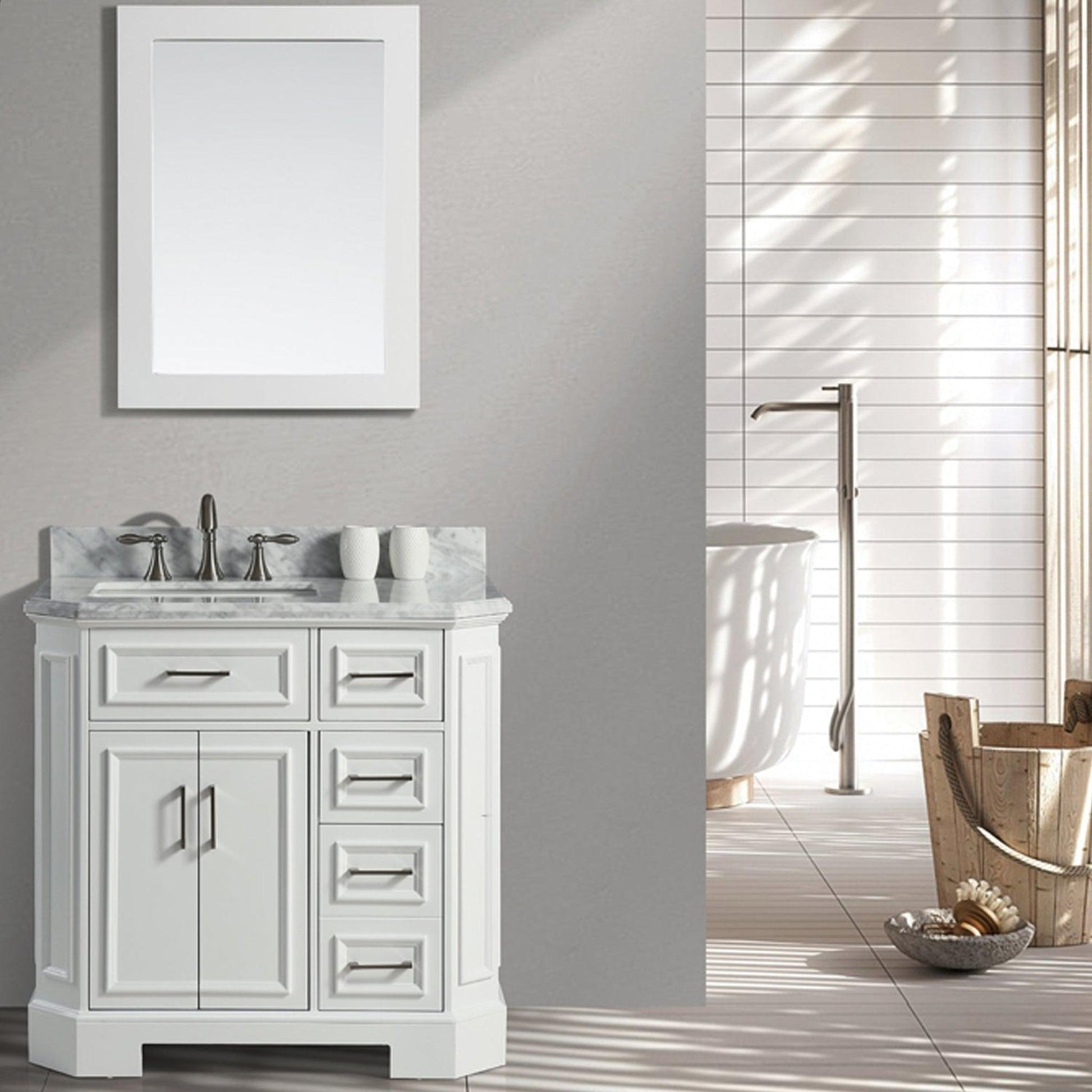 Eviva Glory 36" x 33" White Bathroom Vanity With Carrara Marble Countertop and Single Porcelain Sink