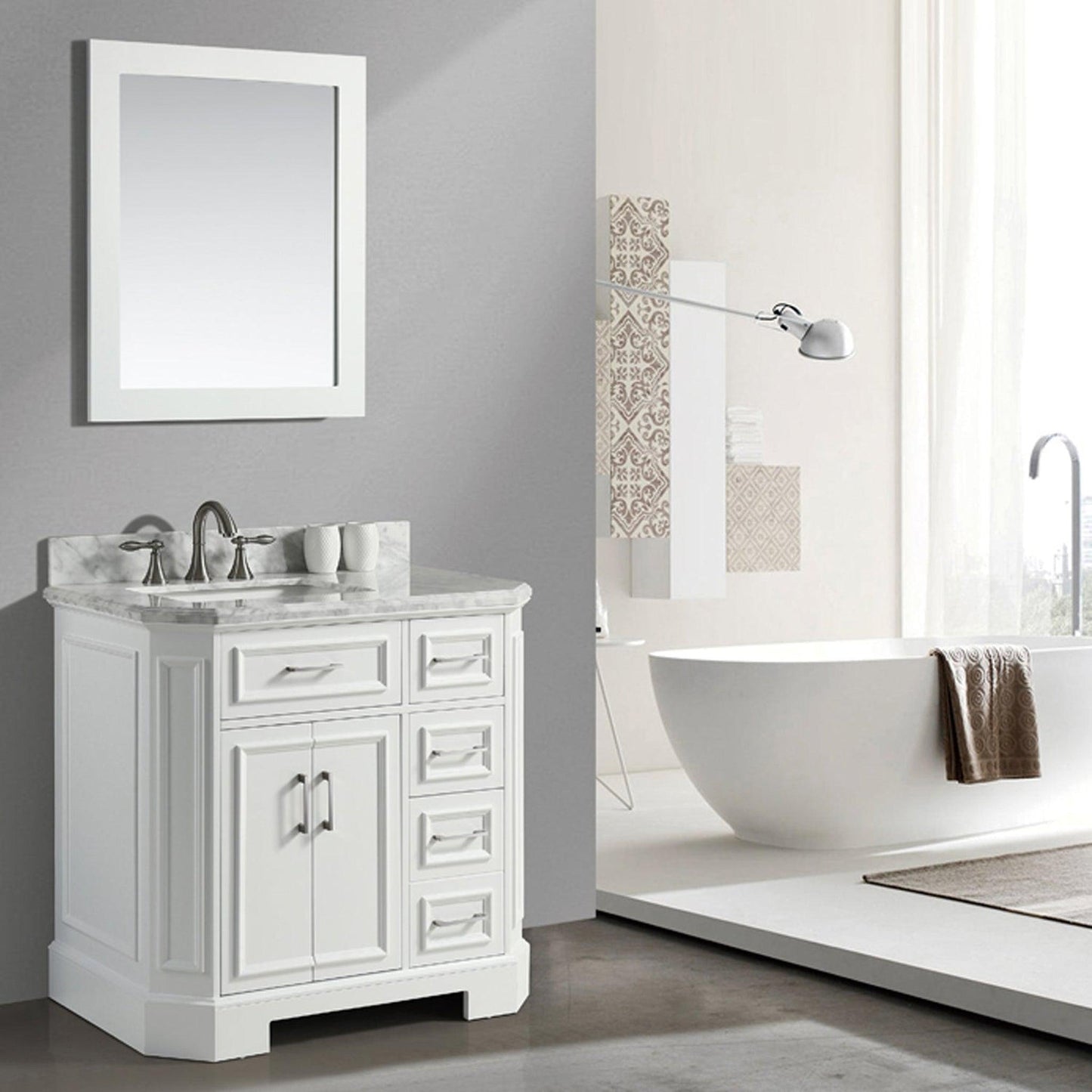 Eviva Glory 36" x 33" White Bathroom Vanity With Carrara Marble Countertop and Single Porcelain Sink