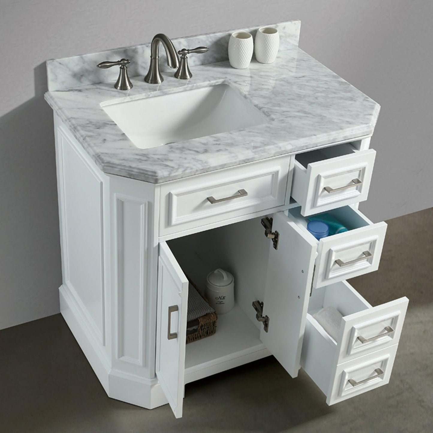 Eviva Glory 36" x 33" White Bathroom Vanity With Carrara Marble Countertop and Single Porcelain Sink