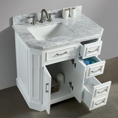 Eviva Glory 36" x 33" White Bathroom Vanity With Carrara Marble Countertop and Single Porcelain Sink