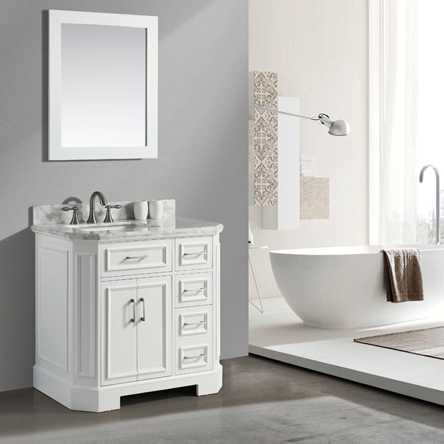 Eviva Glory 42" x 33" White Bathroom Vanity With Carrara Marble Countertop and Single Porcelain Sink