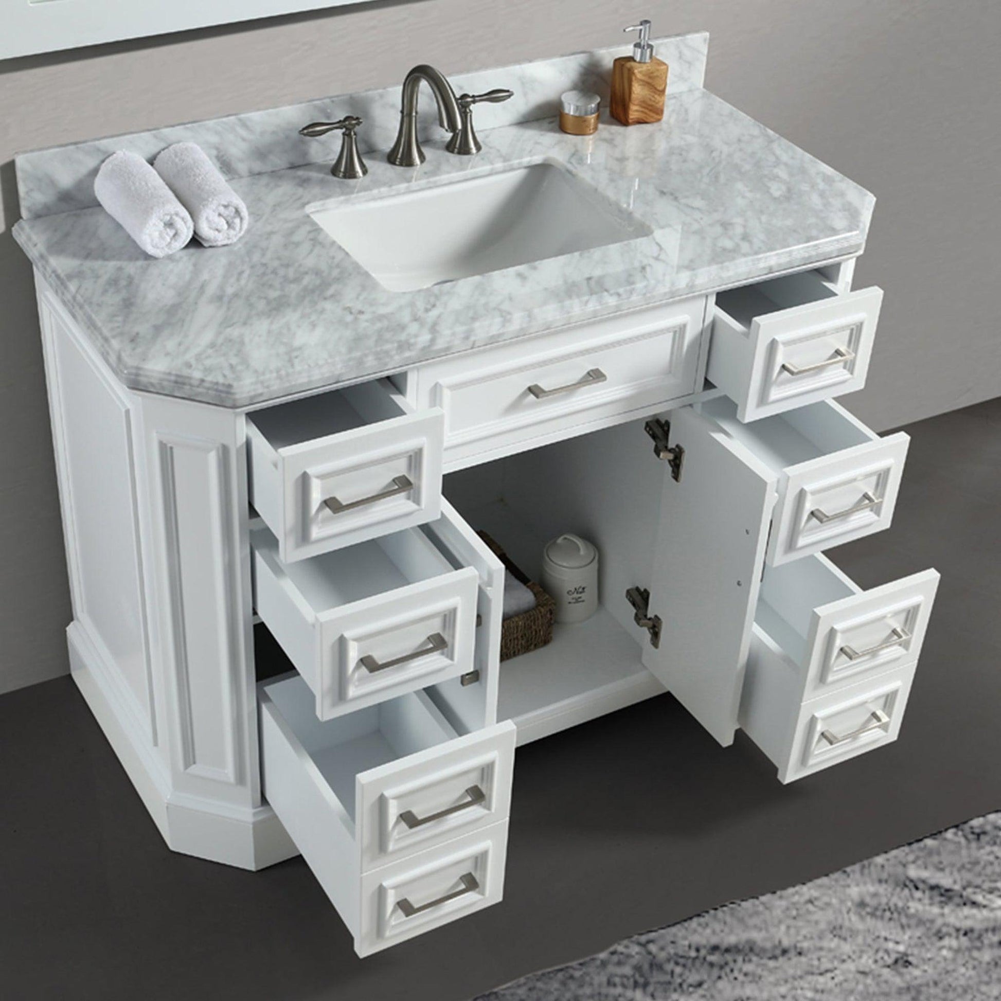 Eviva Glory 48" x 33" White Bathroom Vanity With Carrara Marble Countertop and Single Porcelain Sink