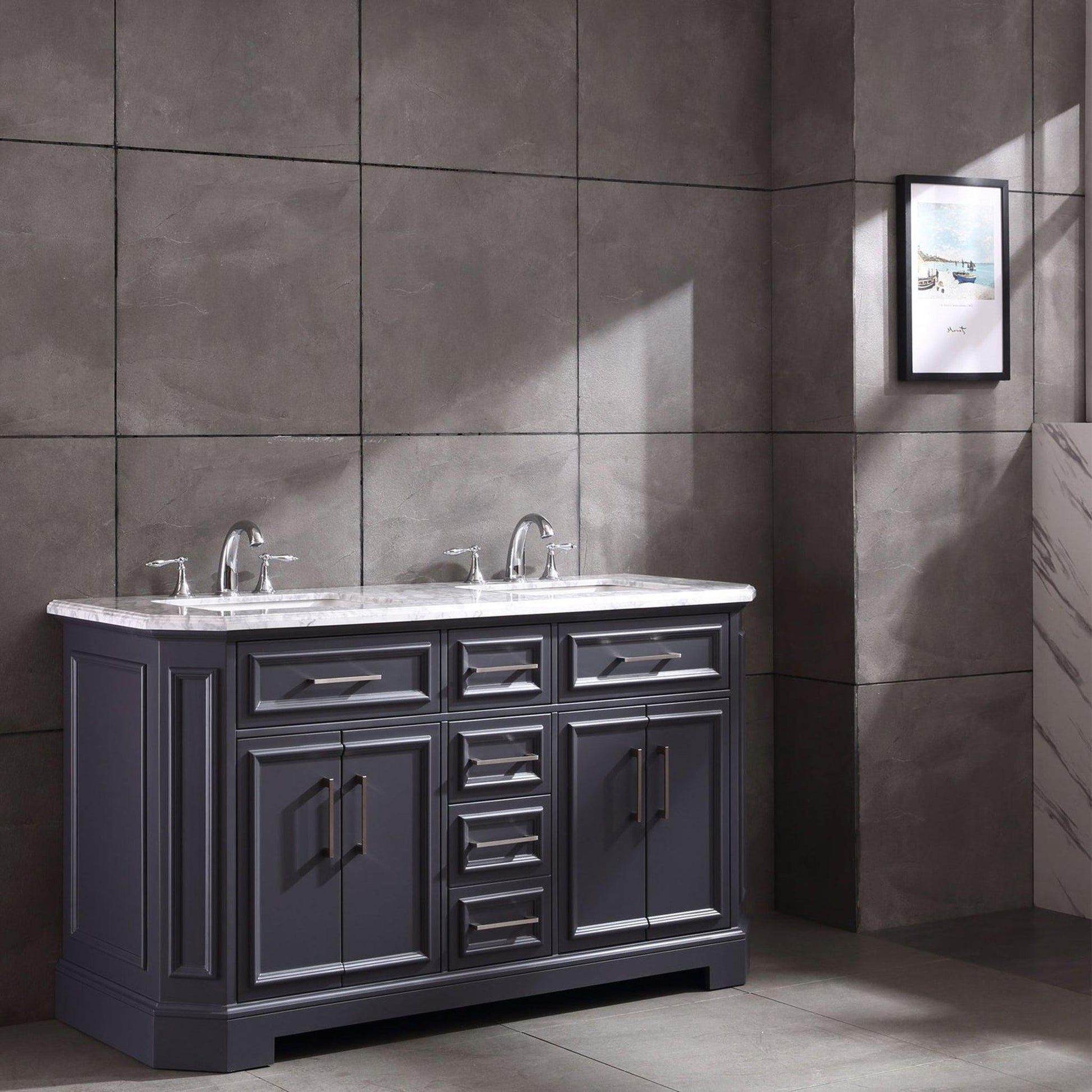 Eviva Glory 60" x 33" Dark Gray Bathroom Vanity With Carrara Marble Countertop and Double Porcelain Sink