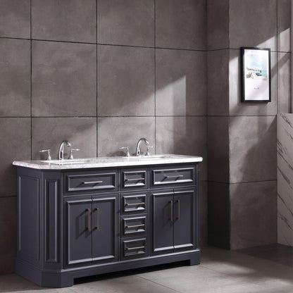 Eviva Glory 60" x 33" Dark Gray Bathroom Vanity With Carrara Marble Countertop and Double Porcelain Sink