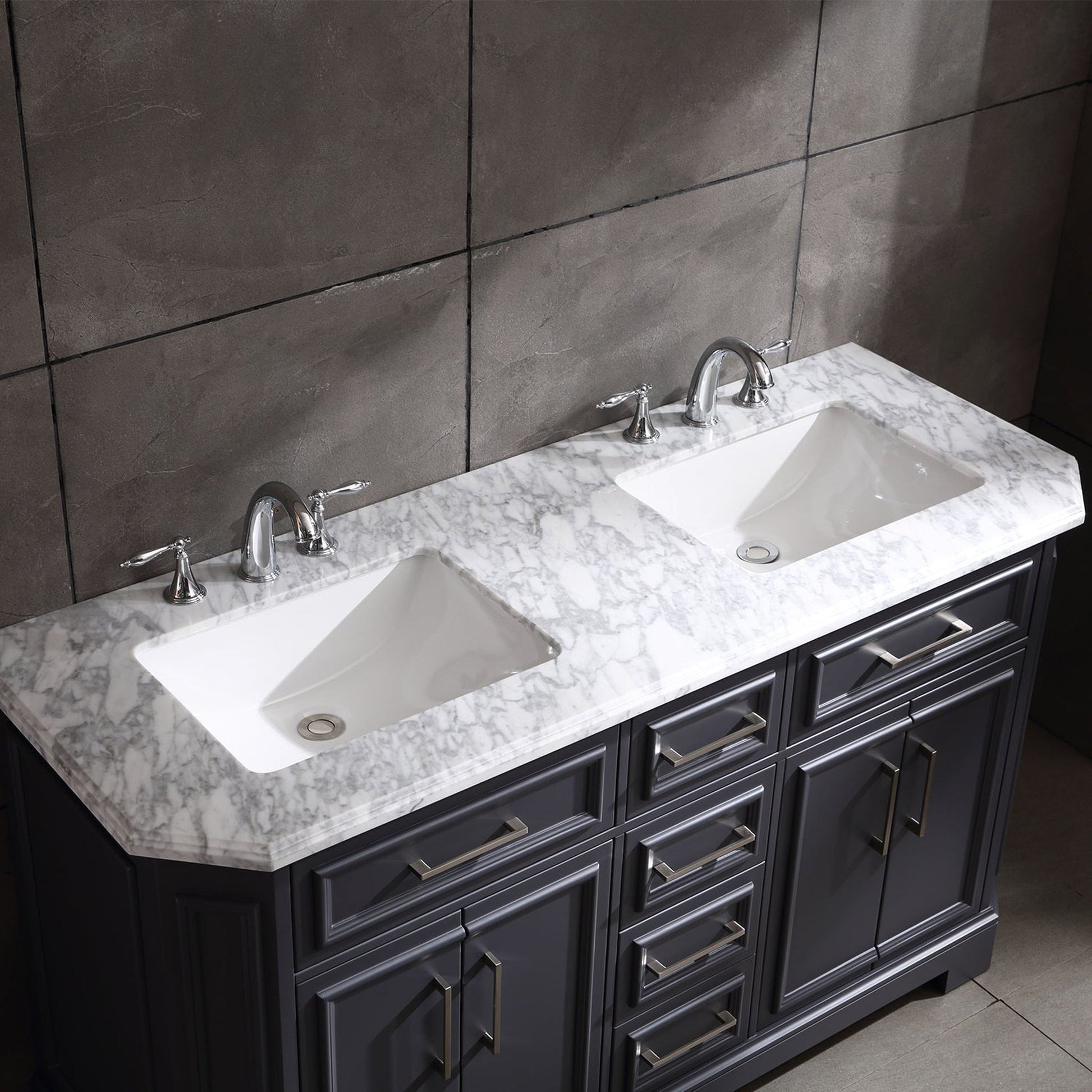 Eviva Glory 60" x 33" Dark Gray Bathroom Vanity With Carrara Marble Countertop and Double Porcelain Sink