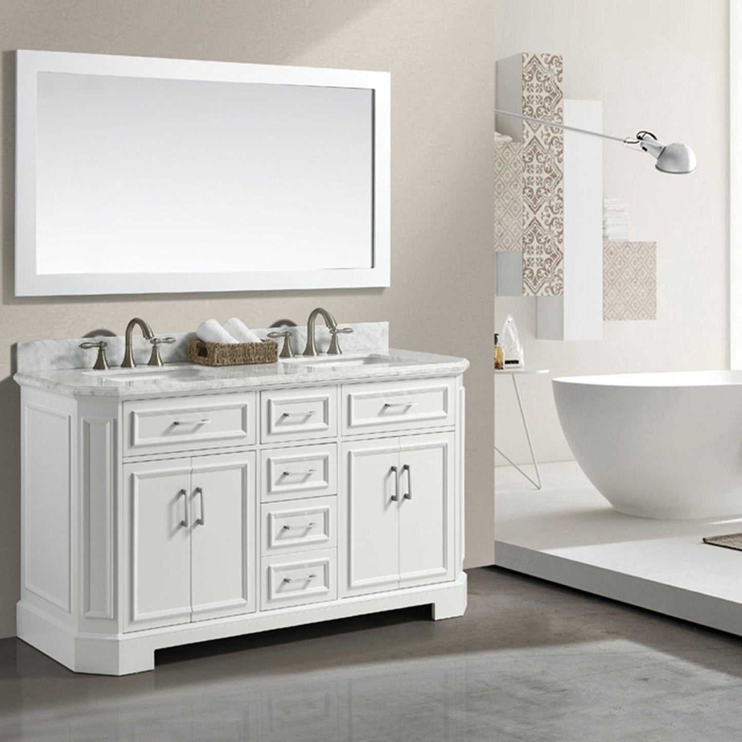 Eviva Glory 60" x 33" White Bathroom Vanity With Carrara Marble Countertop and Double Porcelain Sink