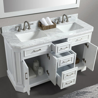 Eviva Glory 60" x 33" White Bathroom Vanity With Carrara Marble Countertop and Double Porcelain Sink