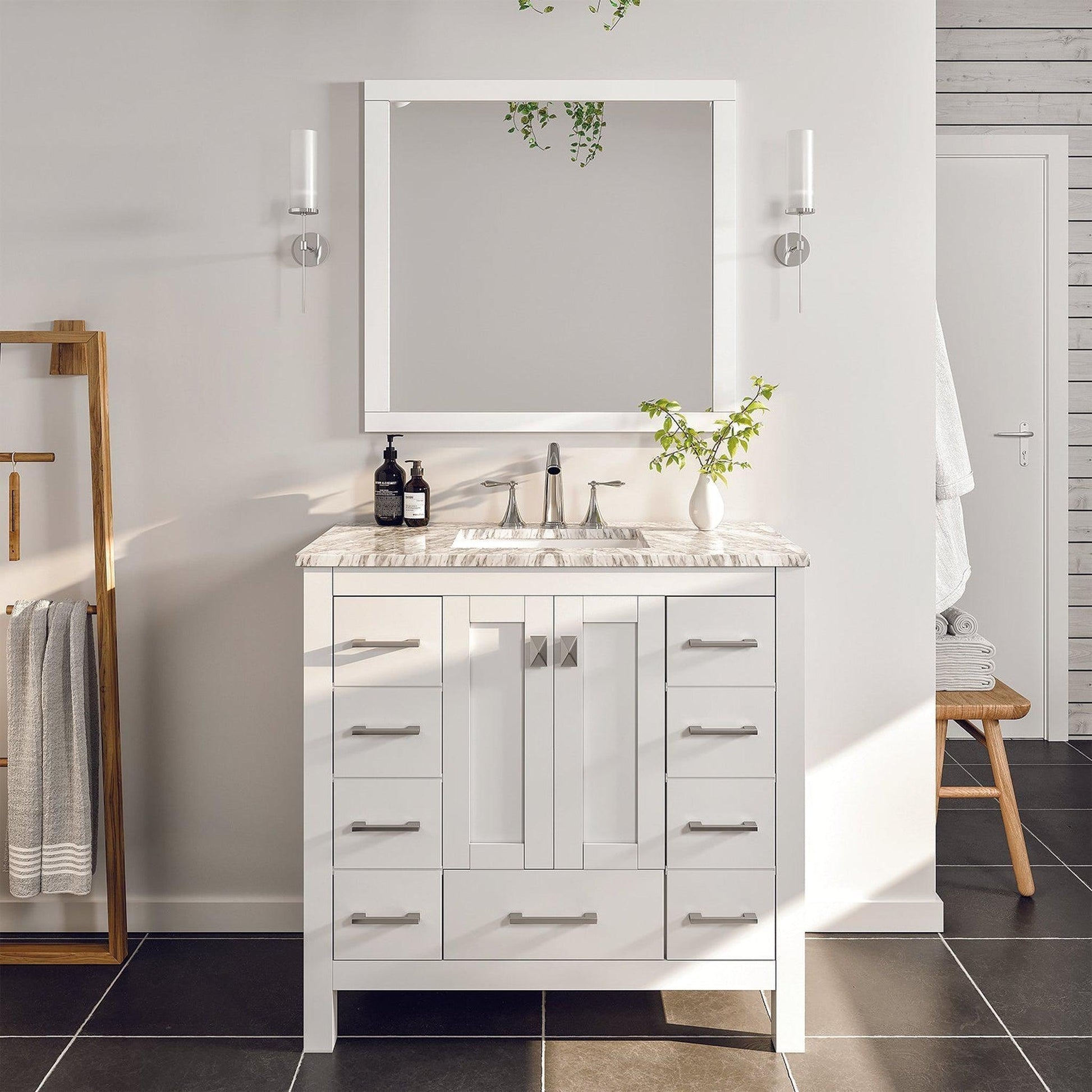 Eviva Hampton 36" x 34" White Freestanding Bathroom Vanity With Marble Carrara Countertop and Single Undermount Sink