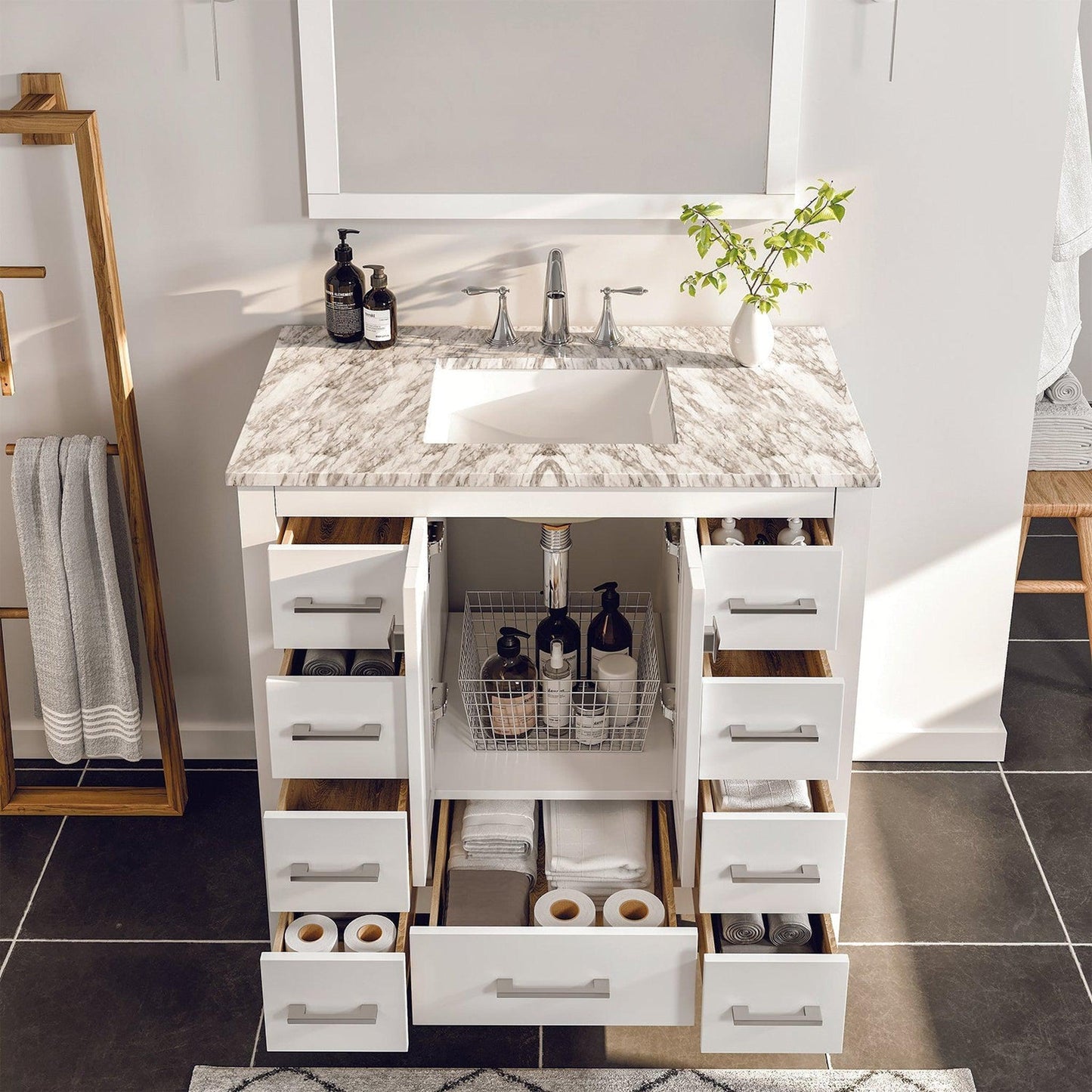 Eviva Hampton 36" x 34" White Freestanding Bathroom Vanity With Marble Carrara Countertop and Single Undermount Sink