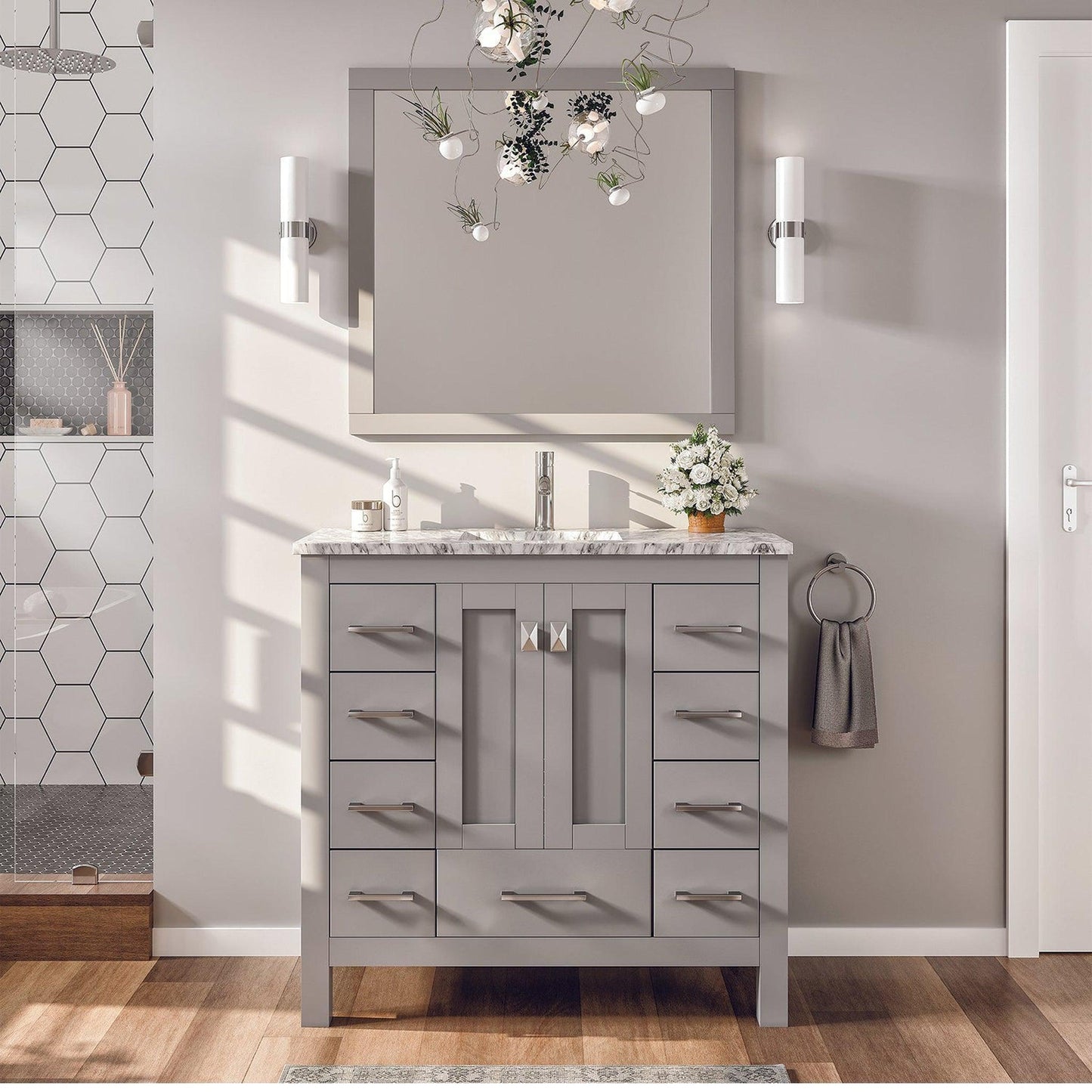 Eviva Hampton 36" x 34" in 18" Depth Gray Freestanding Bathroom Vanity With Marble Carrara Countertop and Single Undermount Sink