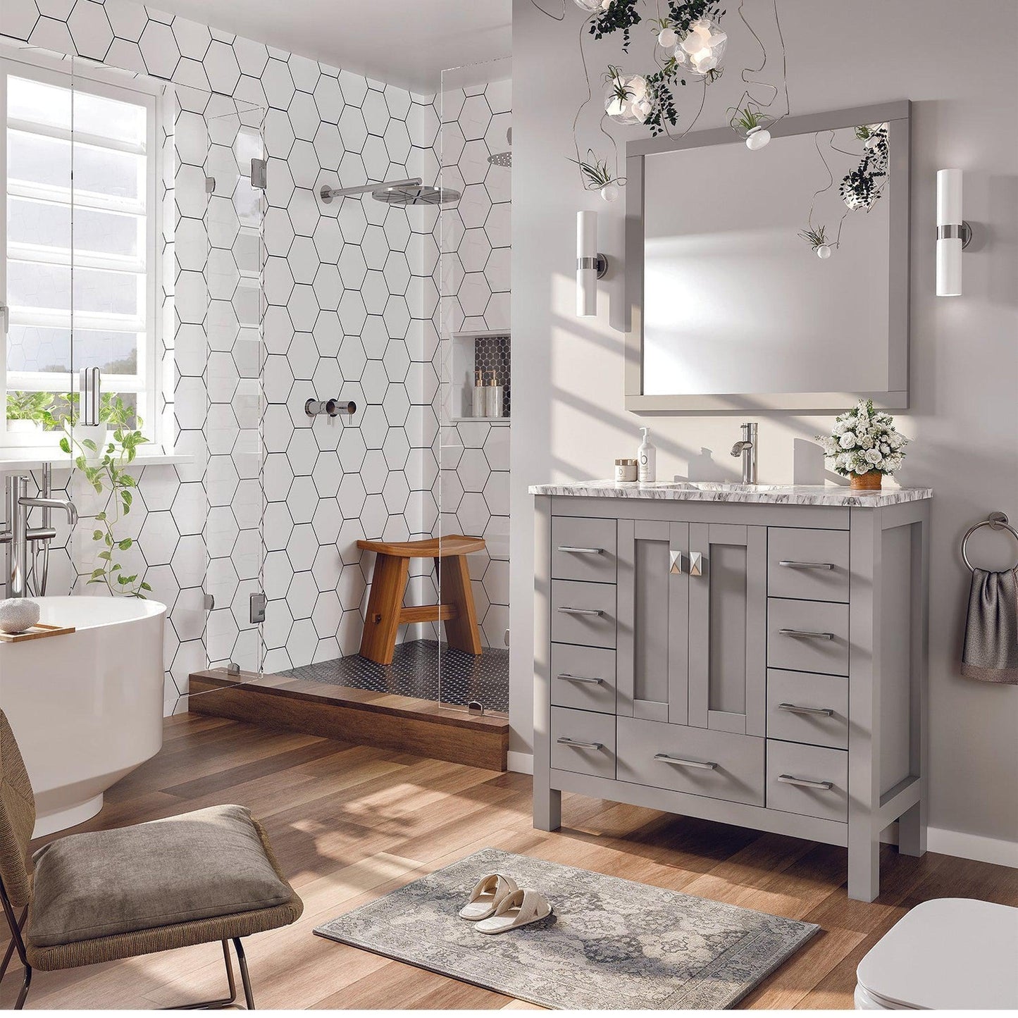 Eviva Hampton 36" x 34" in 18" Depth Gray Freestanding Bathroom Vanity With Marble Carrara Countertop and Single Undermount Sink
