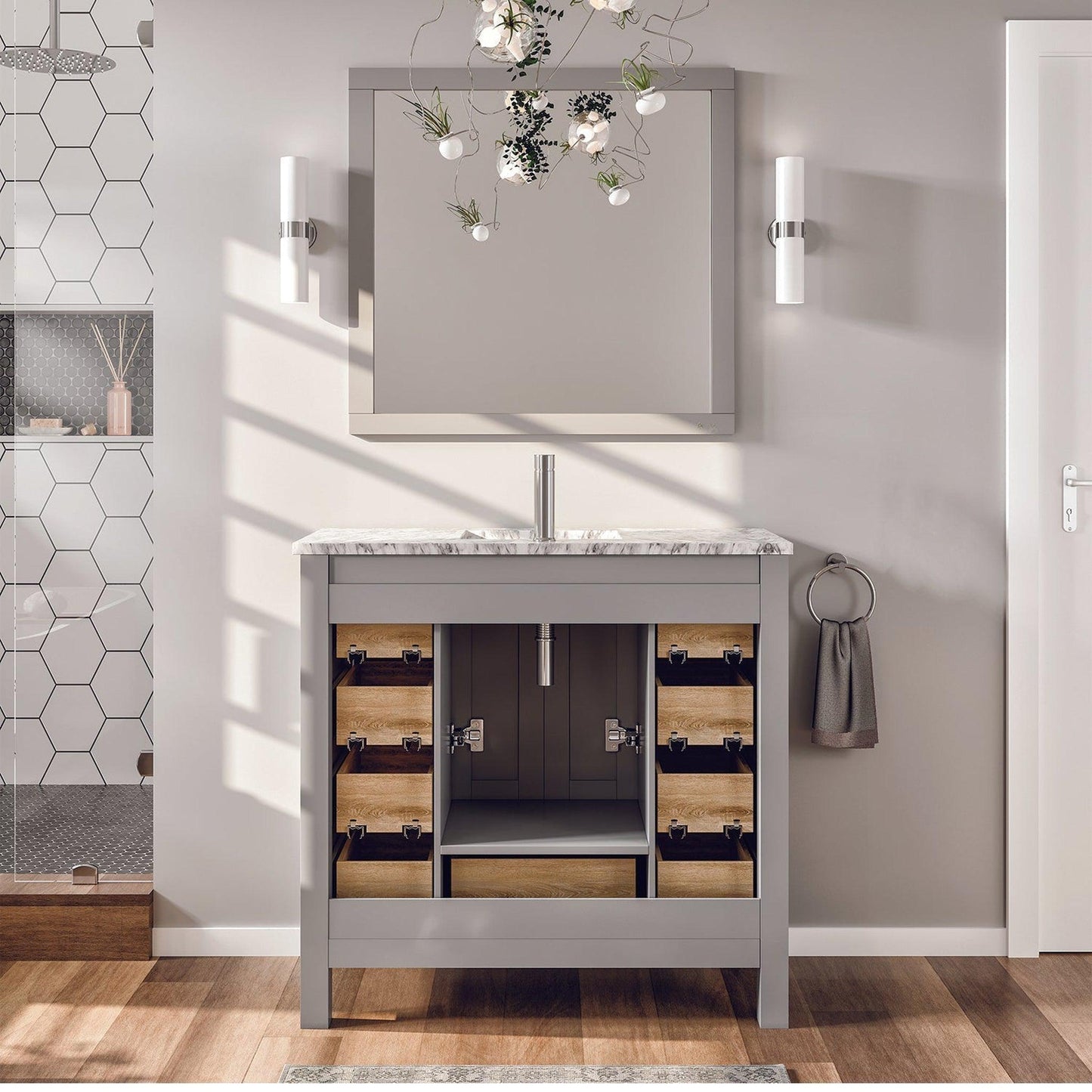 Eviva Hampton 36" x 34" in 18" Depth Gray Freestanding Bathroom Vanity With Marble Carrara Countertop and Single Undermount Sink