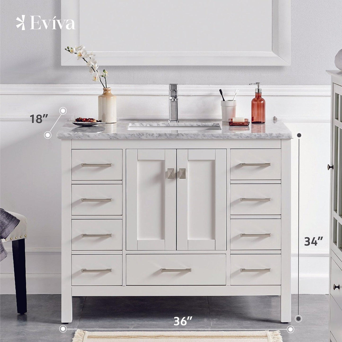 Eviva Hampton 36" x 34" in 18" Depth White Freestanding Bathroom Vanity With Marble Carrara Countertop and Single Undermount Sink