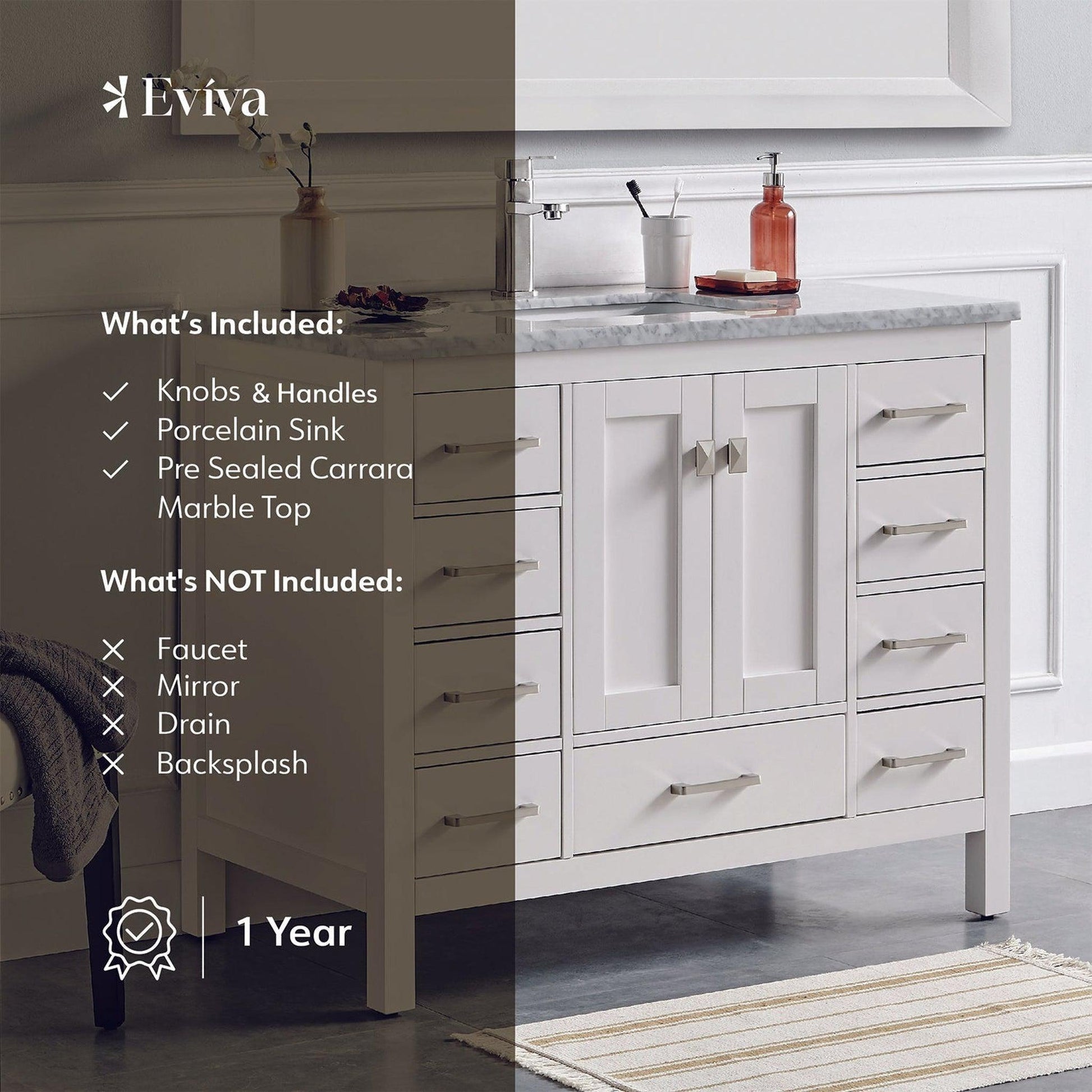 Eviva Hampton 36" x 34" in 18" Depth White Freestanding Bathroom Vanity With Marble Carrara Countertop and Single Undermount Sink