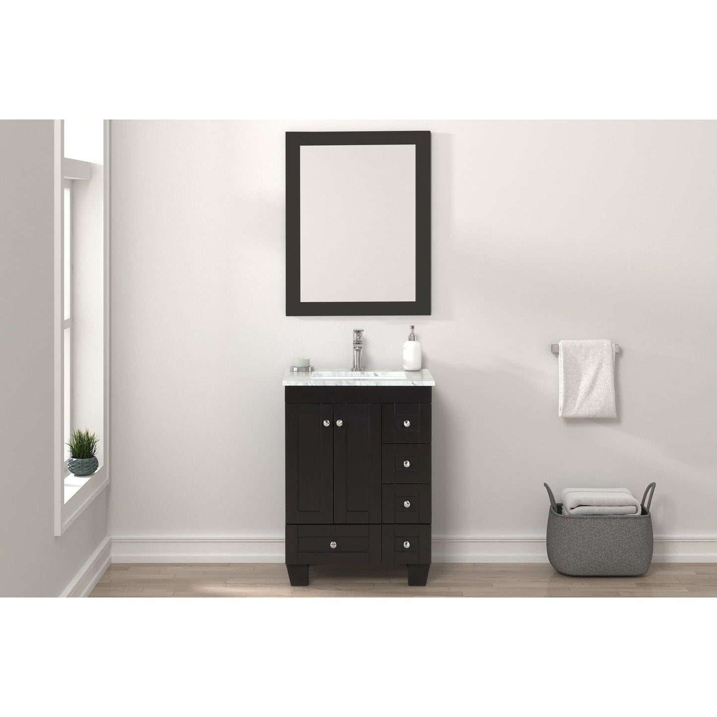 Eviva Happy 24" x 34" Espresso Freestanding Bathroom Vanity With White Carrara Marble Top and Single Undermount Porcelain Sink