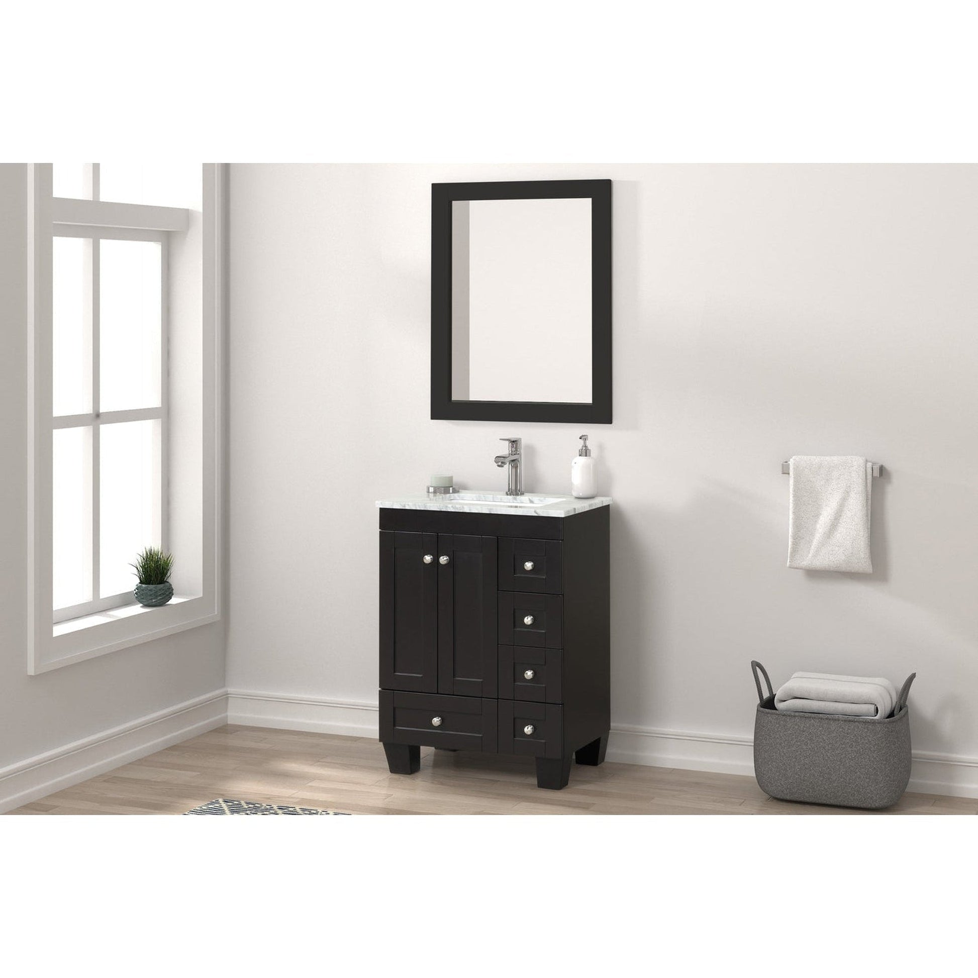 Eviva Happy 24" x 34" Espresso Freestanding Bathroom Vanity With White Carrara Marble Top and Single Undermount Porcelain Sink