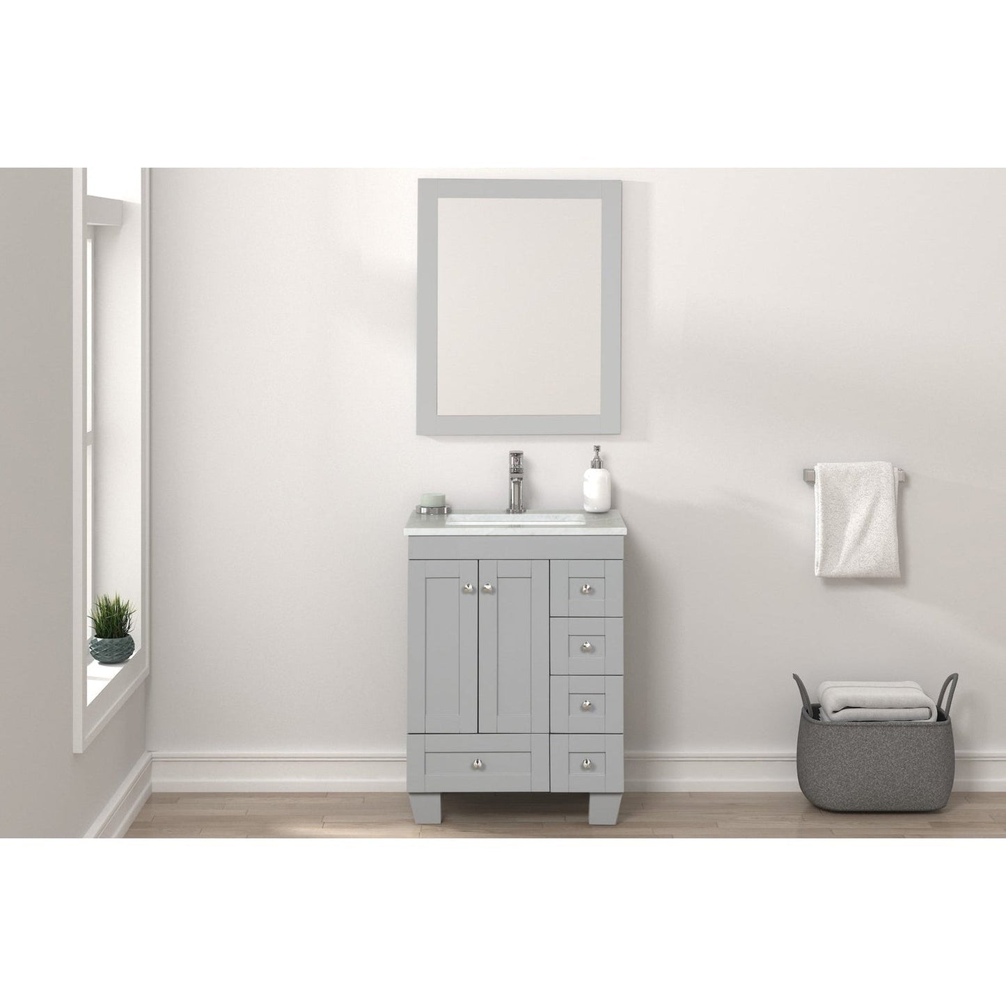 Eviva Happy 24" x 34" Gray Freestanding Bathroom Vanity With White Carrara Marble Top and Single Undermount Porcelain Sink