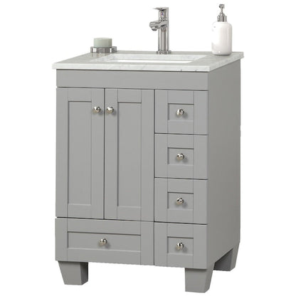Eviva Happy 24" x 34" Gray Freestanding Bathroom Vanity With White Carrara Marble Top and Single Undermount Porcelain Sink