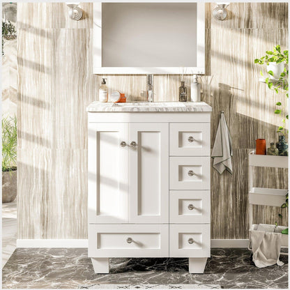 Eviva Happy 24" x 34" White Freestanding Bathroom Vanity With White Carrara Marble Top and Single Undermount Porcelain Sink