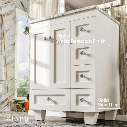 Eviva Happy 24" x 34" White Freestanding Bathroom Vanity With White Carrara Marble Top and Single Undermount Porcelain Sink