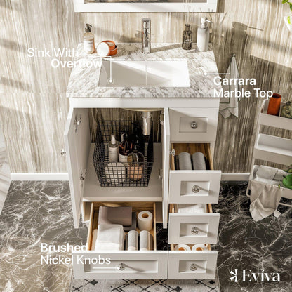 Eviva Happy 24" x 34" White Freestanding Bathroom Vanity With White Carrara Marble Top and Single Undermount Porcelain Sink