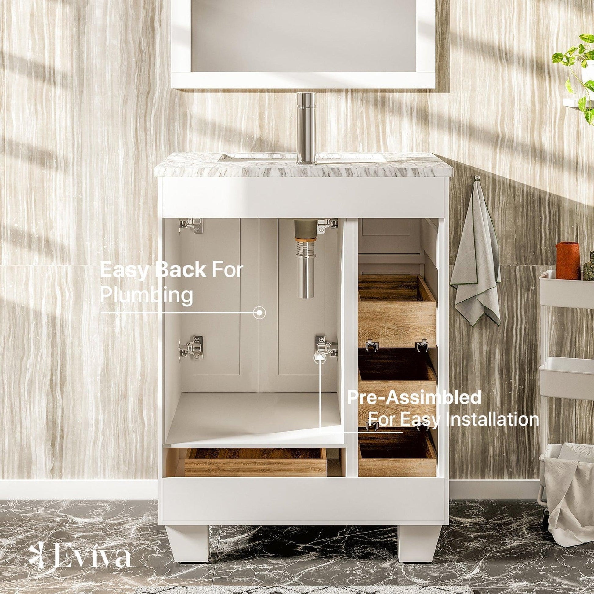 Eviva Happy 24" x 34" White Freestanding Bathroom Vanity With White Carrara Marble Top and Single Undermount Porcelain Sink