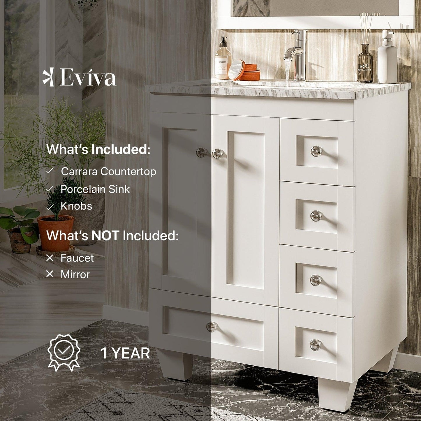 Eviva Happy 24" x 34" White Freestanding Bathroom Vanity With White Carrara Marble Top and Single Undermount Porcelain Sink