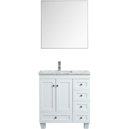 Eviva Happy 24" x 34" White Freestanding Bathroom Vanity With White Carrara Marble Top and Single Undermount Porcelain Sink