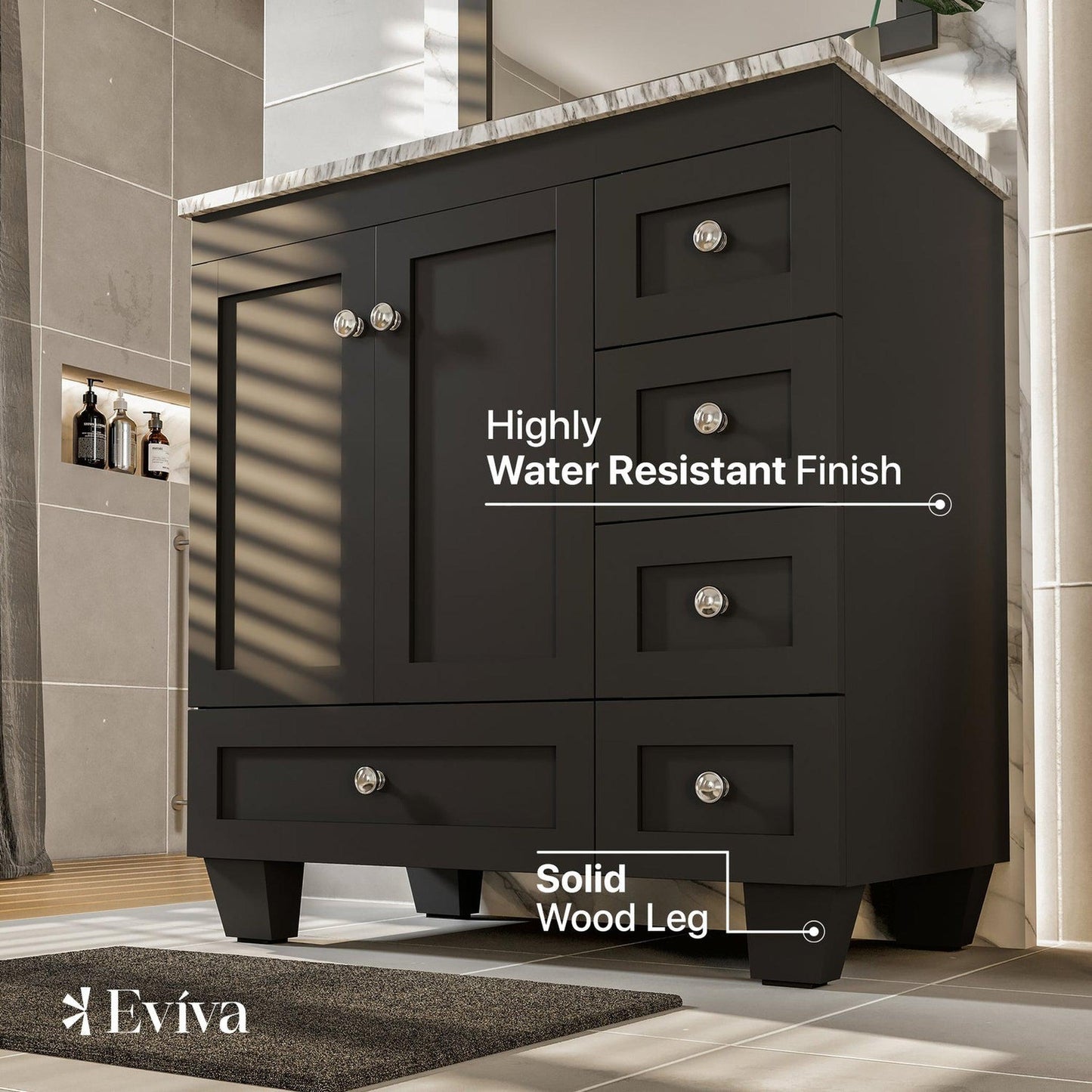 Eviva Happy 28" x 34" Espresso Freestanding Bathroom Vanity With White Carrara Marble Top and Single Undermount Porcelain Sink