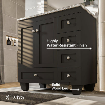 Eviva Happy 28" x 34" Espresso Freestanding Bathroom Vanity With White Carrara Marble Top and Single Undermount Porcelain Sink