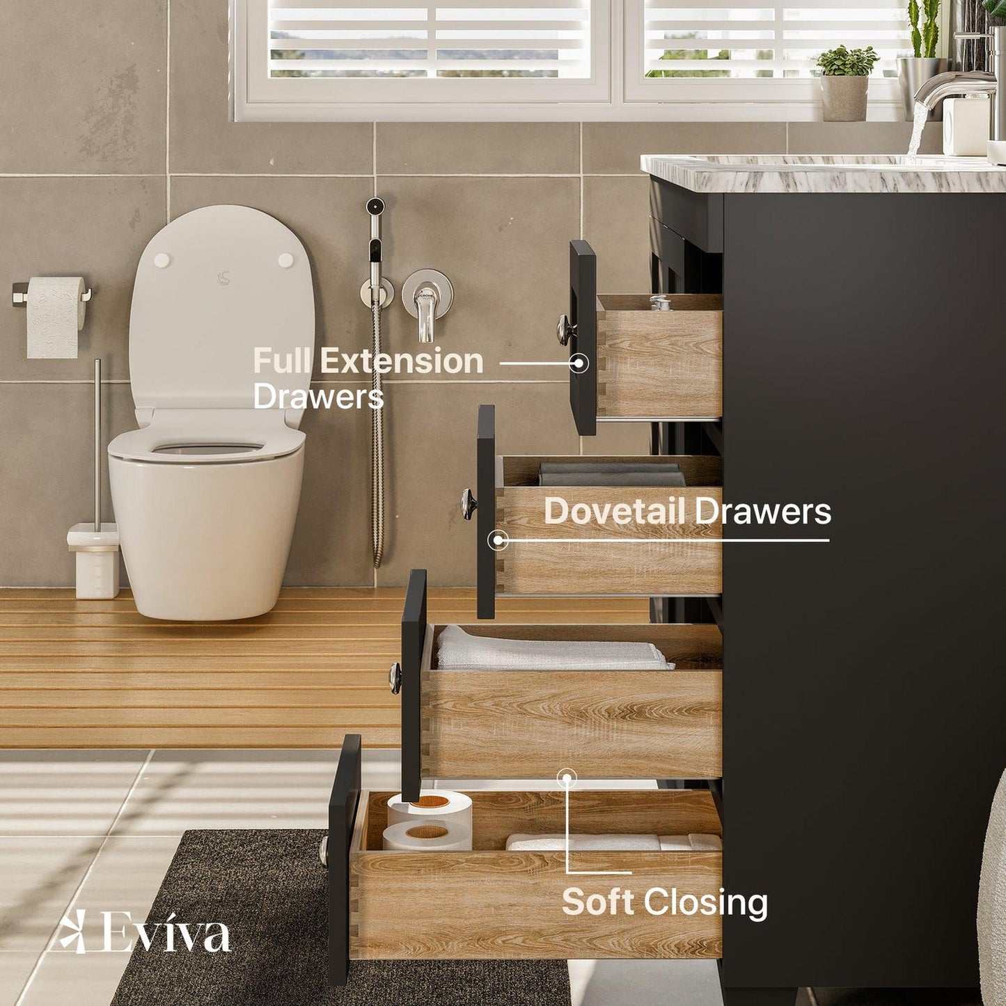 Eviva Happy 28" x 34" Espresso Freestanding Bathroom Vanity With White Carrara Marble Top and Single Undermount Porcelain Sink