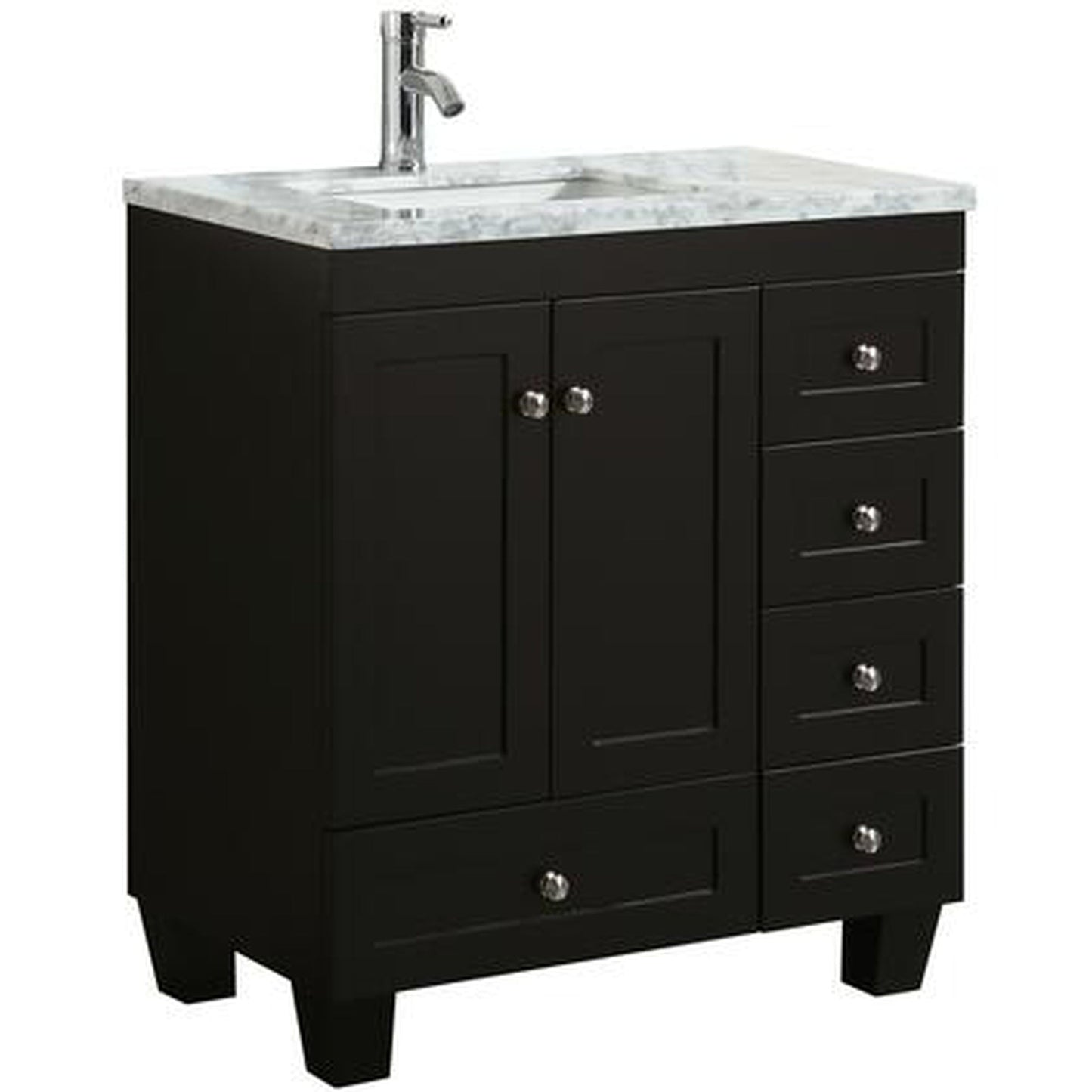 Eviva Happy 28" x 34" Espresso Freestanding Bathroom Vanity With White Carrara Marble Top and Single Undermount Porcelain Sink