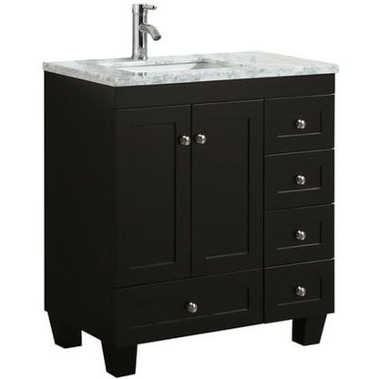 Eviva Happy 28" x 34" Espresso Freestanding Bathroom Vanity With White Carrara Marble Top and Single Undermount Porcelain Sink