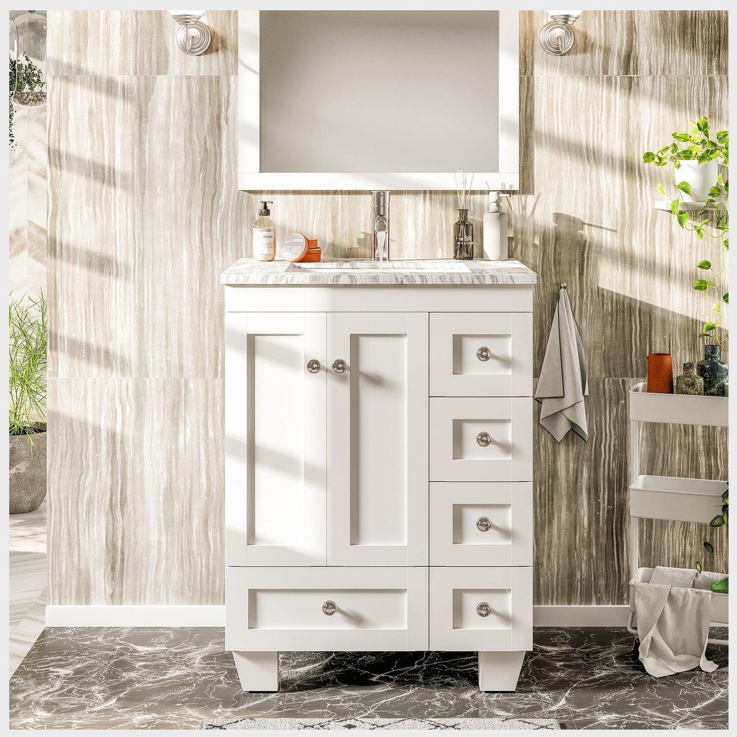 Eviva Happy 28" x 34" Freestanding White Bathroom Vanity With White Carrara Marble Top and Single Undermount Porcelain Sink