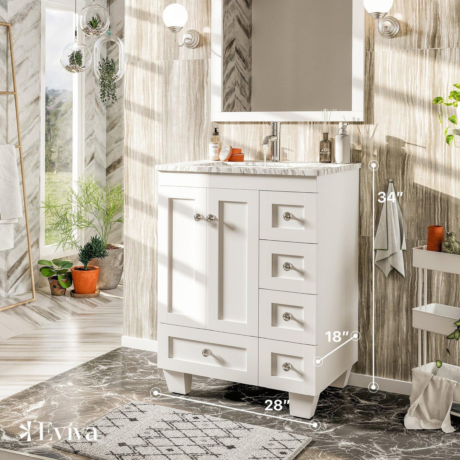 Eviva Happy 28" x 34" Freestanding White Bathroom Vanity With White Carrara Marble Top and Single Undermount Porcelain Sink