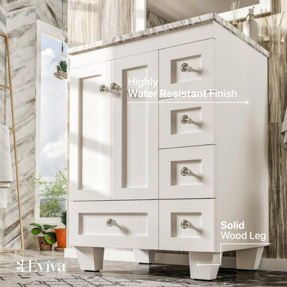 Eviva Happy 28" x 34" Freestanding White Bathroom Vanity With White Carrara Marble Top and Single Undermount Porcelain Sink