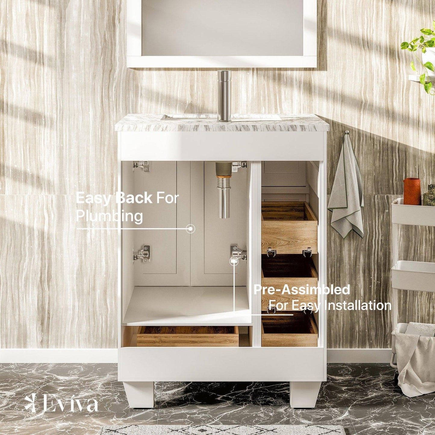 Eviva Happy 28" x 34" Freestanding White Bathroom Vanity With White Carrara Marble Top and Single Undermount Porcelain Sink
