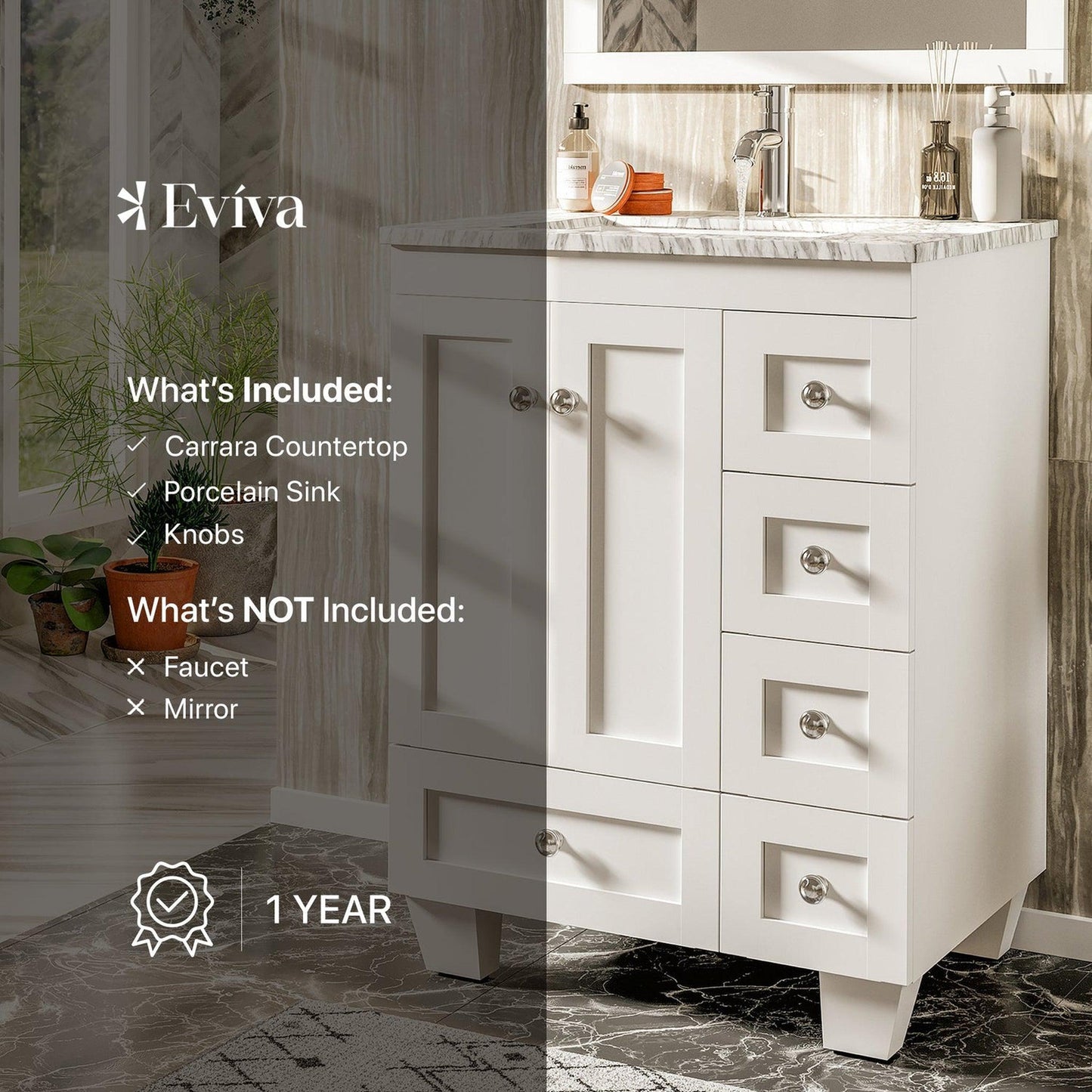 Eviva Happy 28" x 34" Freestanding White Bathroom Vanity With White Carrara Marble Top and Single Undermount Porcelain Sink