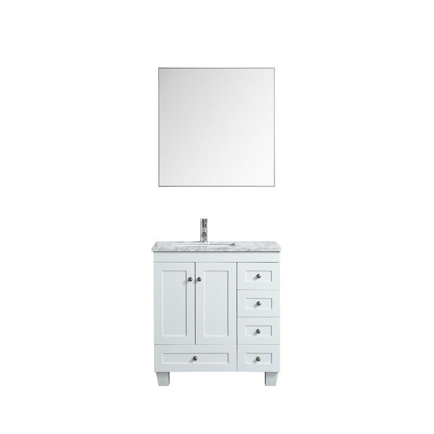 Eviva Happy 28" x 34" Freestanding White Bathroom Vanity With White Carrara Marble Top and Single Undermount Porcelain Sink