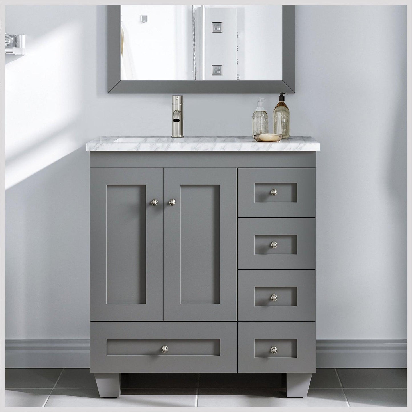 Eviva Happy 28" x 34" Gray Freestanding Bathroom Vanity With White Carrara Marble Top and Single Undermount Porcelain Sink