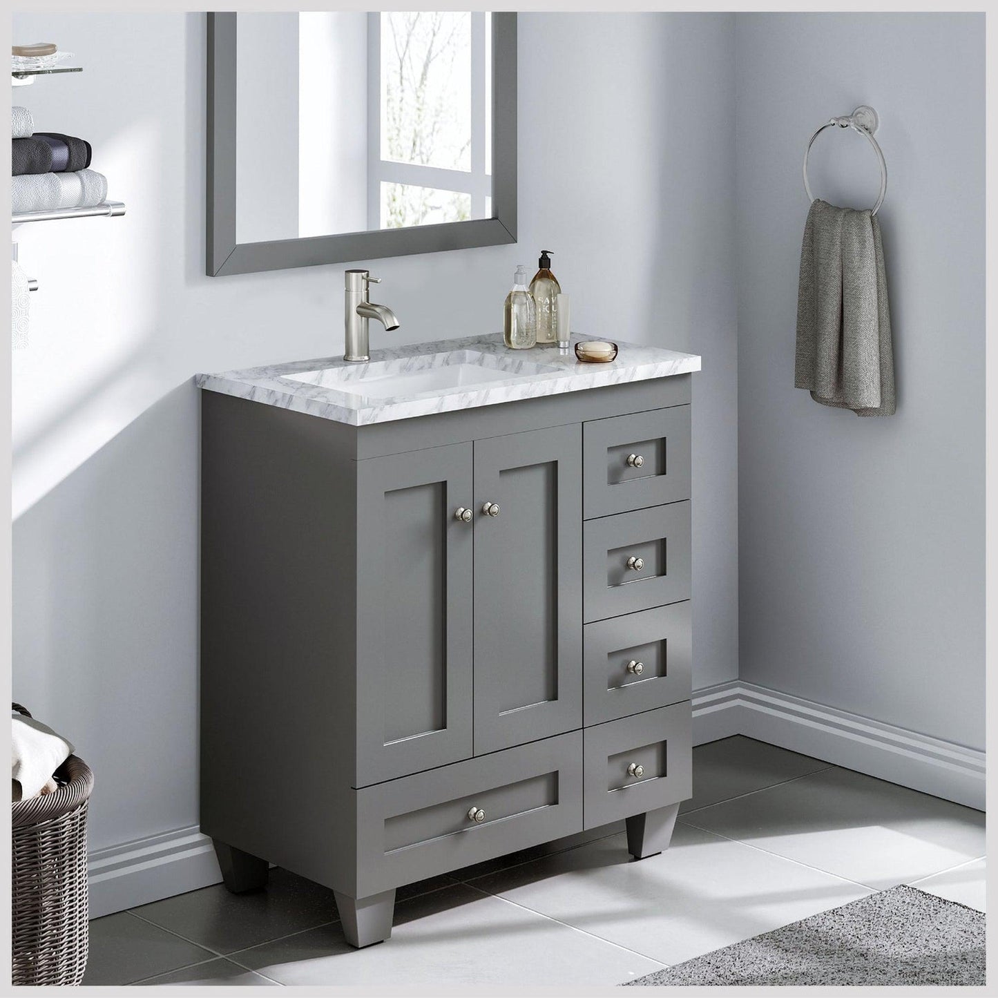 Eviva Happy 28" x 34" Gray Freestanding Bathroom Vanity With White Carrara Marble Top and Single Undermount Porcelain Sink